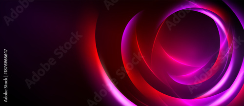 Abstract design features swirling neon lights. Vivid pinks, reds create dynamic visual impact against dark background. Modern, energetic composition.