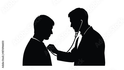 A doctor examining a patient with a stethoscope depicted in a stark black silhouette