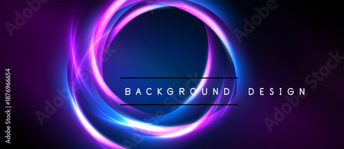 Dark background features vibrant neon circles. Purple, blue hues create dynamic visual effect. Text reads background design.