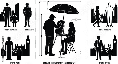 Sidewalk portrait artist drawing seated model under umbrella, blueprint diagram illustration, urban street art styles comparison chart, creative design reference