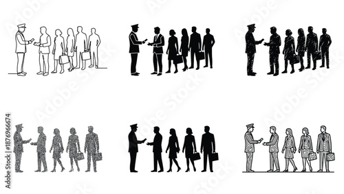 Security guard checking identification of business people in line, access control verification scene, workplace safety and security procedure illustration silhouette