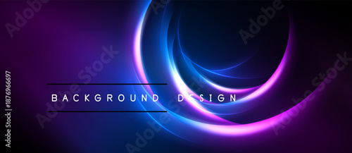 Abstract neon circles, vibrant purple, blue gradients. Dark background creates dramatic visual effect. Modern design element.