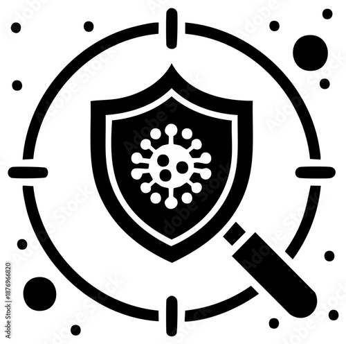 Icon Illustration of Protection Against Virus in Shield with Target Scope and Magnifying Glass