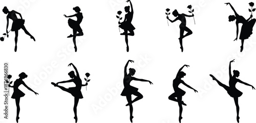 Silhouette ballerina dancing with rose flowers, elegant ballet poses and graceful movement, female dancer figures isolated on white background