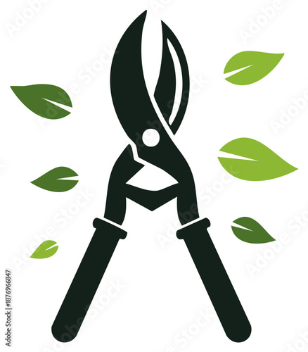 Pruning shears cutting green leaves, garden tool vector icon