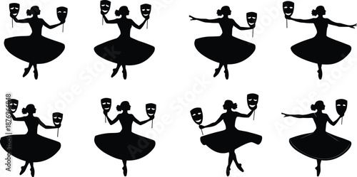 Silhouette ballerina dancing with theater masks, expressive ballet poses and dramatic movement, female dancer performing artistic stage dance isolated on white background