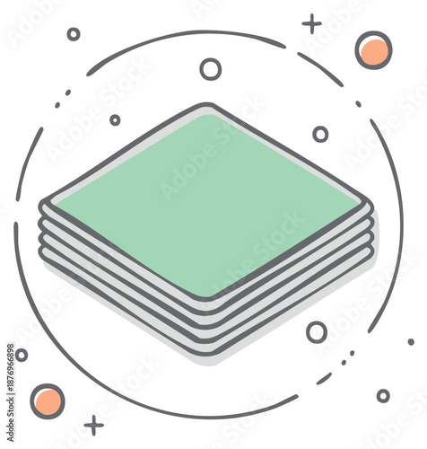 Stack of square green sheets, papers, or fabric in a cartoonish hand-drawn style in isometric view