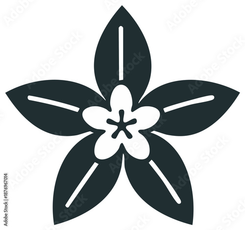 Stylized five-petal flower with bold leaves, botanical design element, flora icon