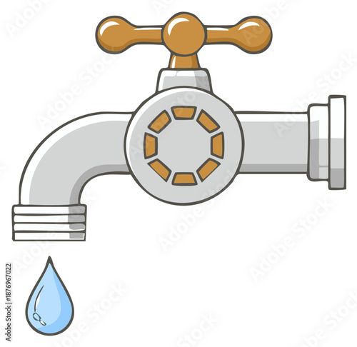 Cartoon water faucet dripping a single blue water droplet vector illustration