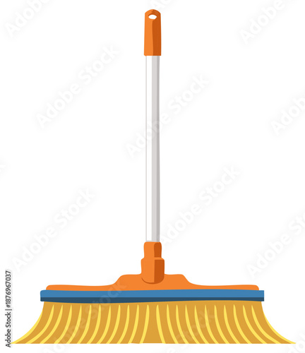 Bright orange handled broom with yellow bristles for cleaning floors and surfaces