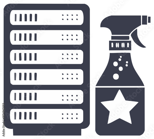 Digital hygiene and data cleaning concept with server rack and spray bottle icon
