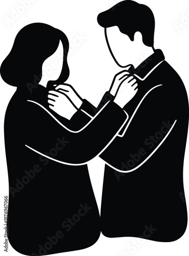 Silhouette couple adjusting clothes together, care and affection concept, emotional support and trust, intimate relationship moment, romantic lifestyle illustration artwork