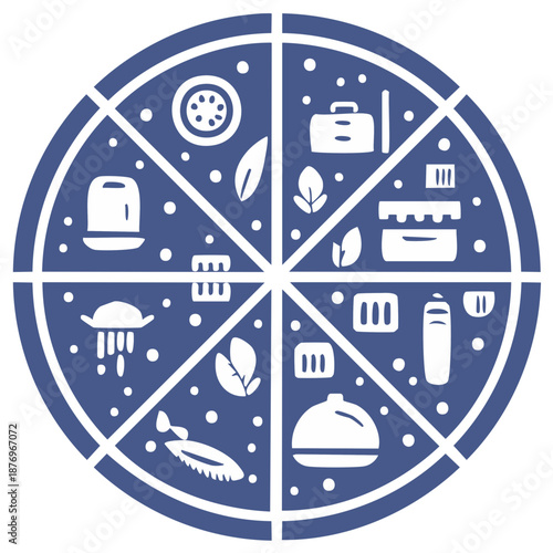 Infographic pizza chart with a diverse collection of flat icons representing food work and nature concepts