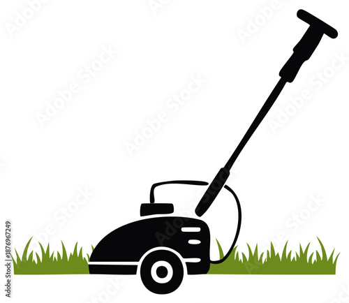 Black Lawn Mower Silhouette on Green Grass and White Background