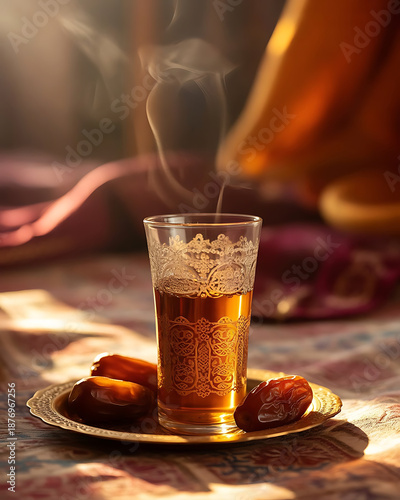Steaming hot herbal tea poured into delicate glass beside fresh dates on decorative tray close up