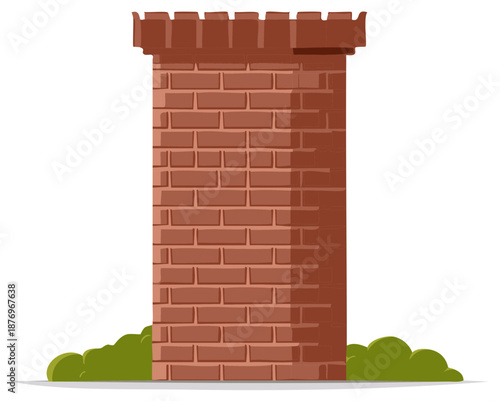 Brick Tower with Battlements Surrounded by Shrubs Illustration Ancient Fortification Structure