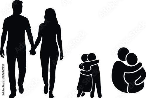 Silhouette couple holding hands, family hugging, love and affection illustration for greeting cards, posters, relationship concepts, parenting and family themed artwork