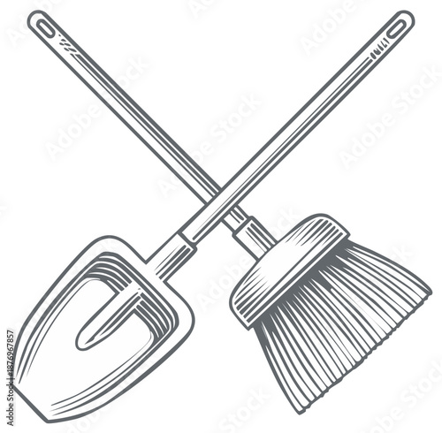 Monochrome Line Art Illustration of Crossed Shovel and Broom for Cleaning Gardening