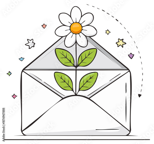 Cute cartoon illustration of a daisy flower growing out of an open mail envelope with stars
