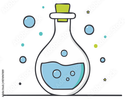 Cartoon Style Glass Potion Bottle with Blue Liquid and Bubbles surrounded by Circle and Stars