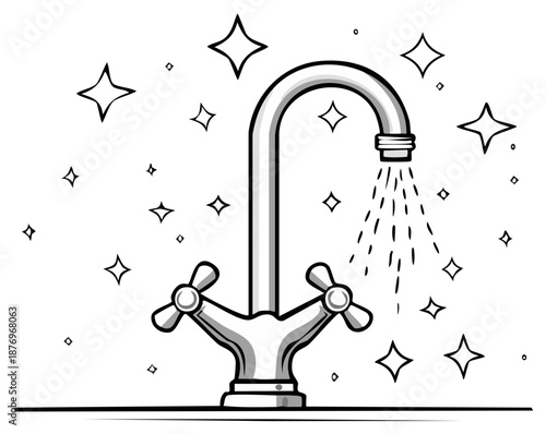 Running Water from a Shiny Faucet with Cross Handles and Starbursts on a Countertop