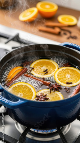 Blue simmer pot with oranges and cinnamon sticks