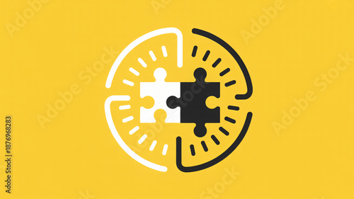 Puzzle pieces in minimalist design with contrasting black and white colors on bright yellow background for corporate branding