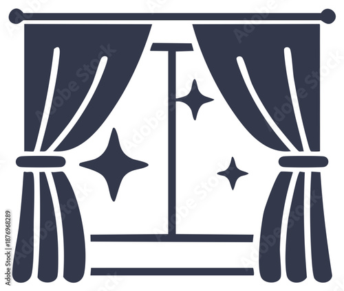 Window Frame Silhouette with Curtains and Stars Shining Through Glass Design Element
