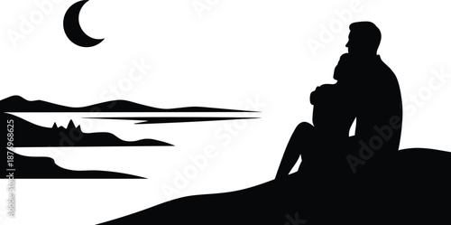Silhouette couple sitting together at night by the water, romantic landscape scene, moonlight love moment, man and woman embracing outdoors