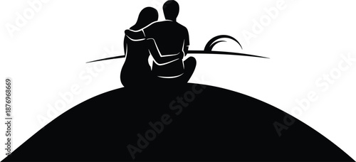 Silhouette couple sitting together on hill, peaceful love and companionship concept, shared journey and calm intimacy, emotional romantic illustration artwork