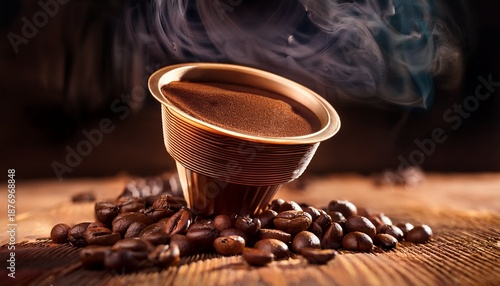 Reusable Coffee Pod With Fresh Beans And Steaming Coffee