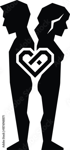 Silhouette couple standing back to back with broken heart, relationship conflict and separation concept, emotional distance, heartbreak and lost love illustration artwork