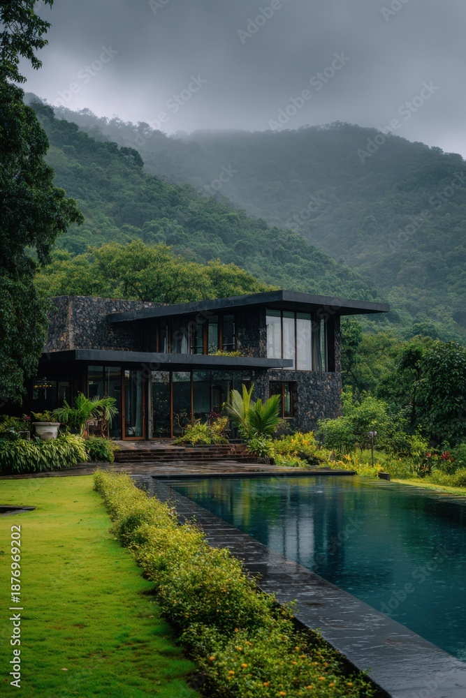Fototapeta premium A contemporary home boasting a beautiful swimming pool is nestled next to lush green hills, set against a backdrop of a serene forest on a cloudy day