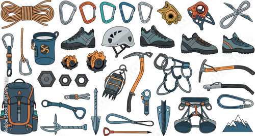 A collection of outdoor adventure equipment including climbing gear, hiking shoes, and camping tools displayed on transparent background