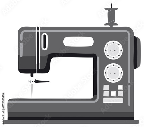 Gray sewing machine illustration for tailoring craft and seamstress work with a needle and thread spool on a white background