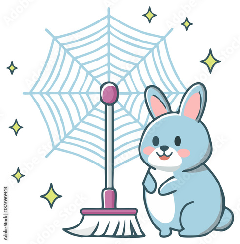 Cute Bunny Sweeping Spiderweb Cartoon Illustration For Cleaning Activity