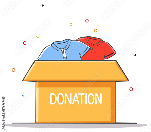 Cartoon illustration of a cardboard donation box filled with used clothing for charity and community support