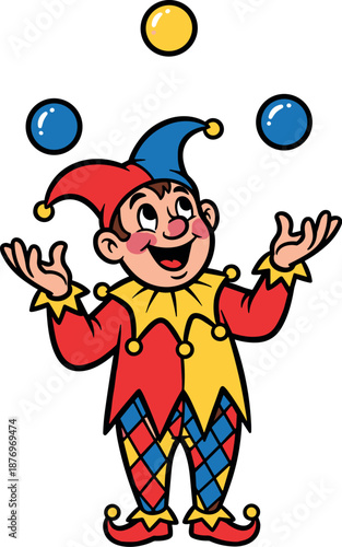 A cheerful clown in a colorful costume juggling yellow and blue balls on transparent background