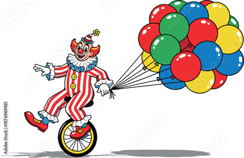A clown with a painted face riding a unicycle while holding colorful balloons on transparent background