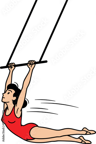 A young woman in red athletic wear gently swinging on gymnastic rings during a workout on transparent background