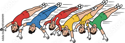 A group of six women performing a synchronized plank exercise while wearing colorful workout outfits on transparent background