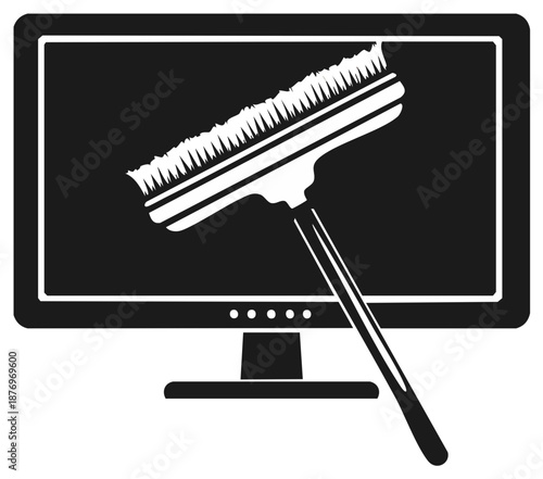 Black and white vector icon of a squeegee cleaning a flat panel computer monitor screen