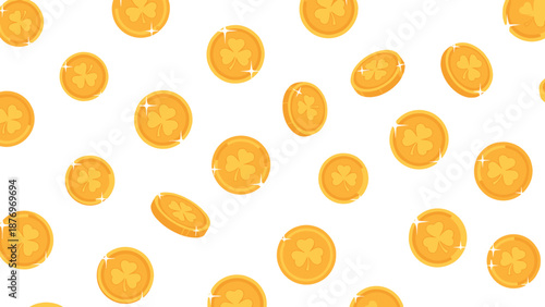 A scattered pattern of gold coins with four-leaf clovers on transparent background