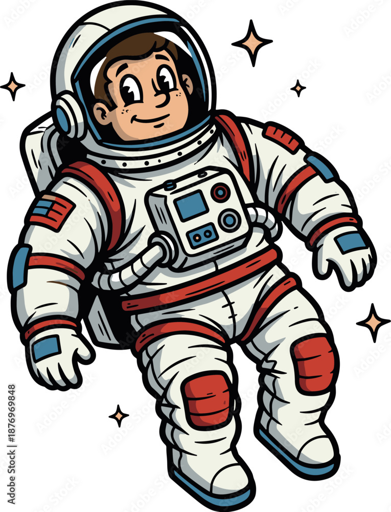 Naklejka premium A cheerful cartoon astronaut floating in space with a happy expression on a transparent background