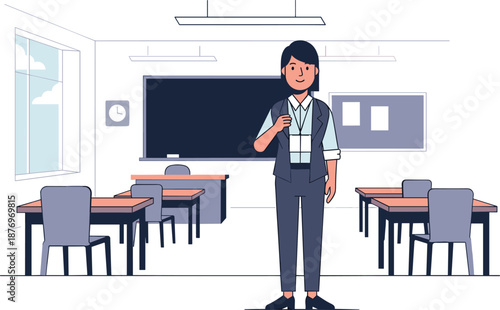 A teacher standing in an empty classroom holding a piece of chalk on transparent background