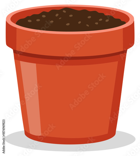 Classic terracotta clay pot filled with rich soil ready for gardening and planting seeds illustration