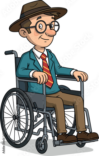 A cheerful elderly man wearing a hat and glasses sitting in a wheelchair on transparent background