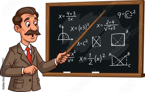 A teacher or professor explains mathematical equations and geometric diagrams on a blackboard during a lesson on transparent background