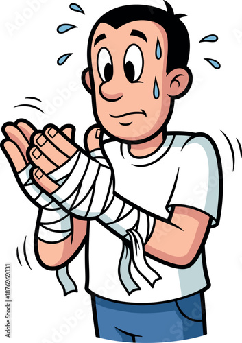 A worried young man is wrapping his hands with bandages preparing for a boxing match on transparent background