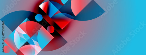 Abstract geometric shapes overlap, creating dynamic composition. Red, blue hues dominate, with subtle gradients. Modern design elements present.